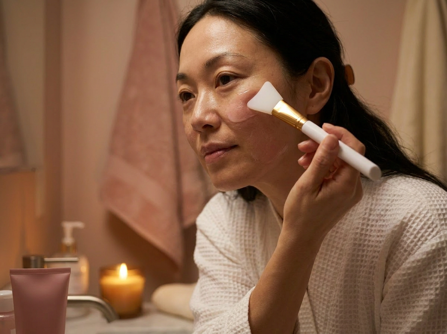 Woman applying an overnight wrapping mask with a brush