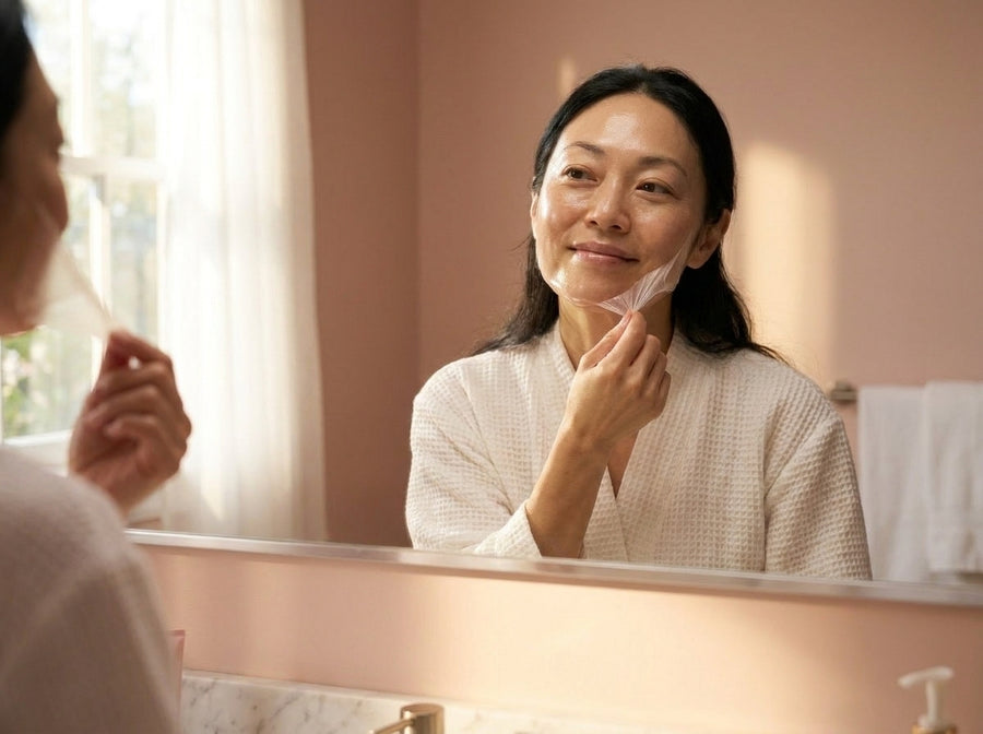 Woman gently peeling away an overnight wrapping mask